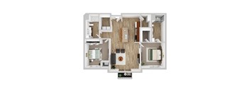 A top-down view of a house layout with a kitchen, living room, dining room, and bathrooms.