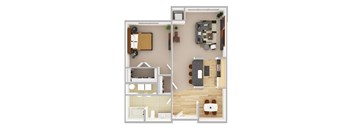 A top-down view of a small apartment with a bedroom, living room, and kitchen.