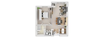 A top down view of a living room, kitchen, and dining area.
