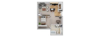A top-down view of a small apartment with a bedroom, living room, kitchen, and bathroom.