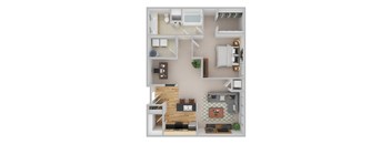 A top-down view of a small apartment with a kitchen, living room, and bedroom.