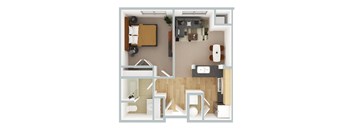 A top down view of a small apartment with a bedroom, living room, and bathroom.