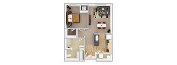 A top-down view of a small apartment with a bedroom, living room, and bathroom.