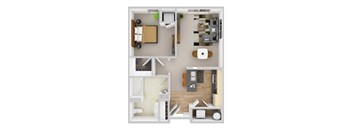 A top-down view of a small apartment with a bedroom, living room, and kitchen.