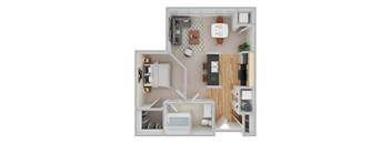 A top-down view of a small apartment with a kitchen, living room, and bathroom.