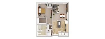 A top-down view of a small apartment with a kitchen, living room, and bathroom.