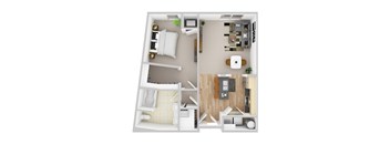 A 3D floor plan of a small apartment with a kitchen, living room, and bedroom.