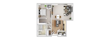 A top-down view of a small apartment with a kitchen, living room, and bathroom.