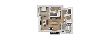 A top-down view of a house layout with two bedrooms, a living room, a kitchen, and a bathroom.