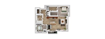 A top-down view of a modern apartment layout with a kitchen, living room, dining area, and bedrooms.
