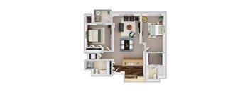 A top-down view of a house layout with a living room, kitchen, and bathrooms.