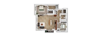 A top-down view of a house layout with a living room, kitchen, and bedrooms.