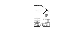 A floor plan of a small apartment with a living room, dining room, kitchen, and bath.