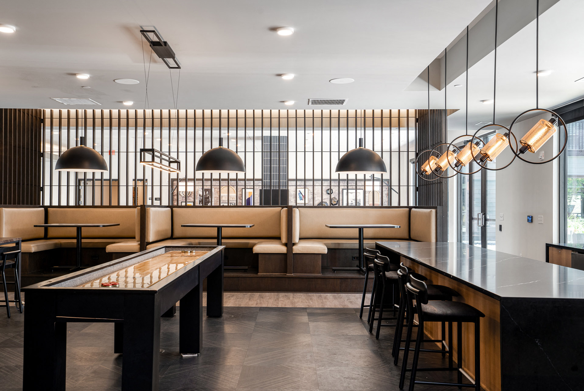 Rec room with a variety of lighting and seating and a shuffleboard table
