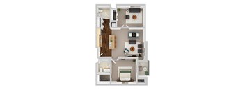 A top-down view of a small apartment with a kitchen, living room, and bedroom.
