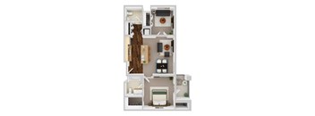 A 3D floor plan of a small apartment with a kitchen, living room, and bedroom.
