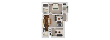 A top-down view of a small apartment with a living room, kitchen, and bedroom.