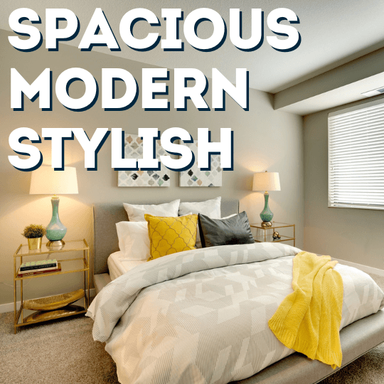 a bedroom with a bed and the words spooky modern style