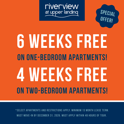 An advertisement for Riverview at Upper Landing offers 6 weeks free on one-bedroom apartments and 4 weeks free on two-bedroom apartments.