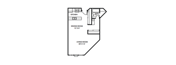 A floor plan of a small apartment with a kitchen, dining room, and living room.
