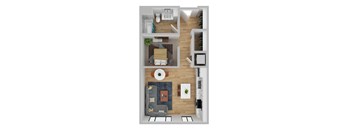 A top-down view of a modern apartment layout with a living area, kitchen, and bedroom.