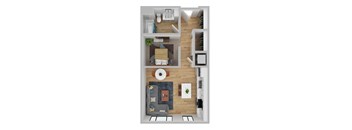 A top-down view of a modern apartment layout with a living room, kitchen, and bedroom.