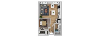 A top-down view of a living room with a grey couch, a coffee table, and a television.