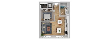 A top-down view of a modern living room with a grey sofa, a coffee table, and a dining area.