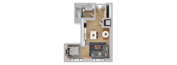 A top down view of a modern apartment with a kitchen, living room, and bathroom.