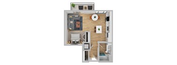 A top-down view of a modern living room with a kitchen area.