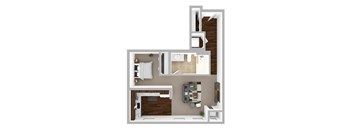 A 3D rendered image of a modern apartment layout.