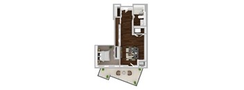 A top-down view of a house with a living room, dining room, kitchen, and a deck with chairs.