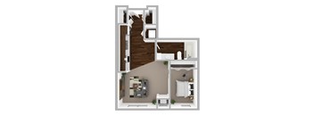 A 3D floor plan of a house with a living room, kitchen, and bedrooms.