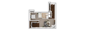 A 3D rendered image of a modern apartment layout.