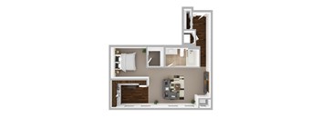 A top-down view of a modern apartment layout with a kitchen, living room, and bathroom.