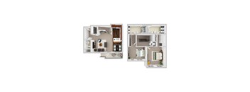 A floor plan of a two-bedroom apartment with a living room, kitchen, and bathroom.