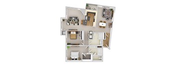 A 3D floor plan of a house with a kitchen, living room, dining room, and bathroom.