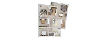 A top-down view of a small apartment with a living room, kitchen, and bathroom.