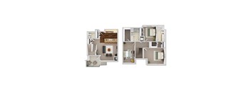 A floor plan of a two-story apartment with a living room, kitchen, and bedrooms.