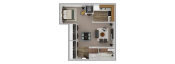 A top-down view of a small apartment with a bed, a kitchen, and a bathroom.