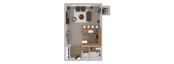 A top down view of a small apartment with a kitchen, living room, and bathroom.