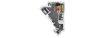 A top down view of a small apartment with a bedroom, living room, and kitchen.