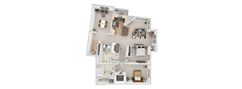 A 3D floor plan of a house with multiple rooms and furniture.