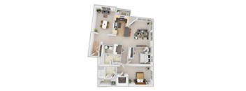 A 3D floor plan of a small apartment with a kitchen, living room, bedroom, and bathroom.