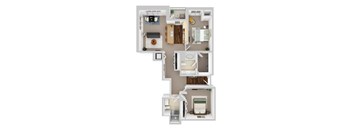 A top-down view of a house layout with a kitchen, living room, bedrooms, and bathrooms.