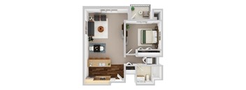 A top-down view of a small apartment with a kitchen, living room, and bedroom.