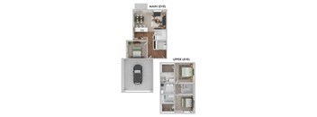 A floor plan of a two-level apartment with a car parked in the garage.