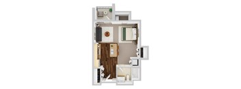 A floor plan of a small apartment with a kitchen, living room, and bathroom.