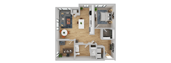 A top-down view of a modern apartment layout with a living room, kitchen, and dining area.