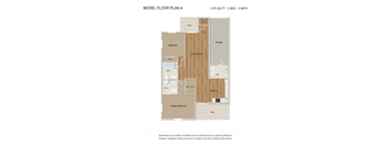 A floor plan of a model apartment with a garage and two bedrooms.